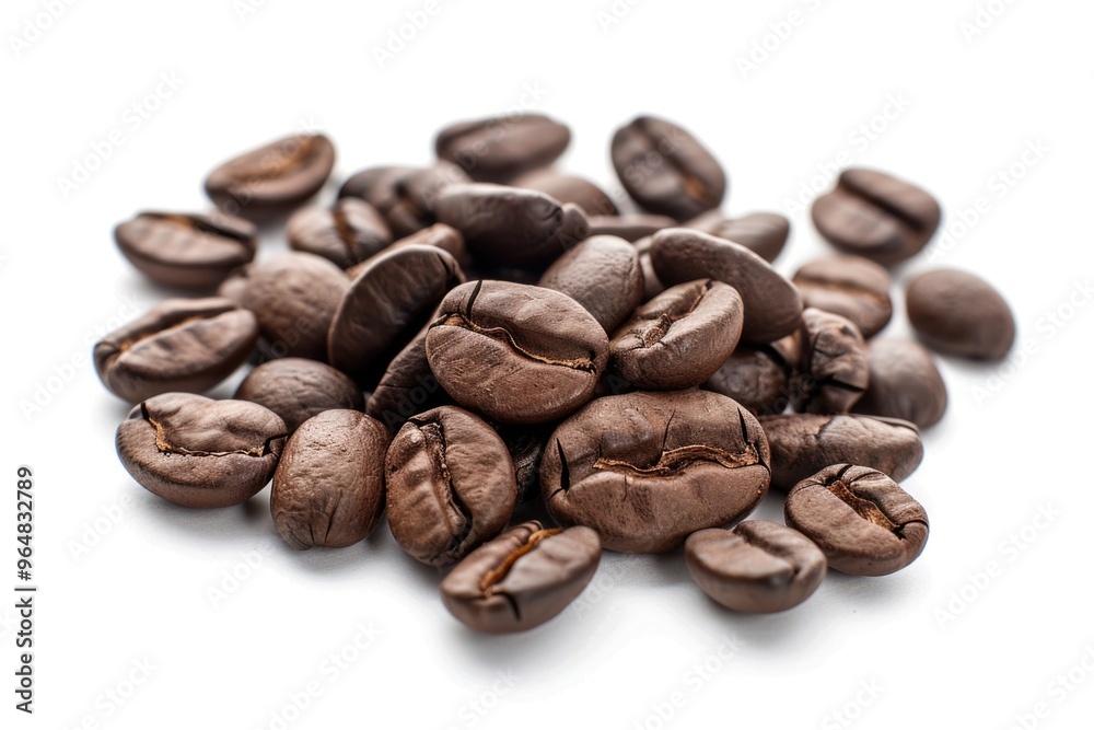 Poster a close-up view of a pile of coffee beans on a white surface