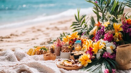 A tropical picnic set on the sandy beach with exotic flowers and various treats.