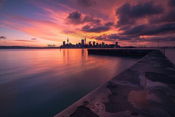 A stunning sunset casts vibrant colors across the sky, reflecting on the calm waters of Auckland harbor while the city skyline looms in the background near the coastline.