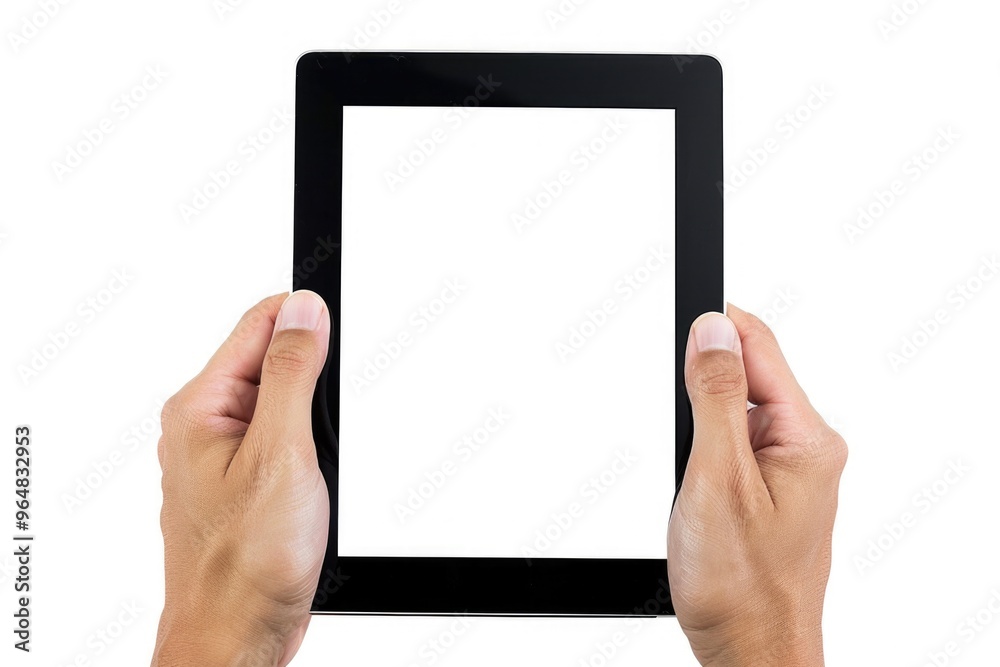 Poster a person holding a tablet with a blank white screen, ready for input