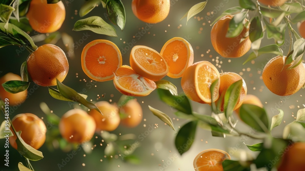Poster fresh oranges hanging from a tree branch