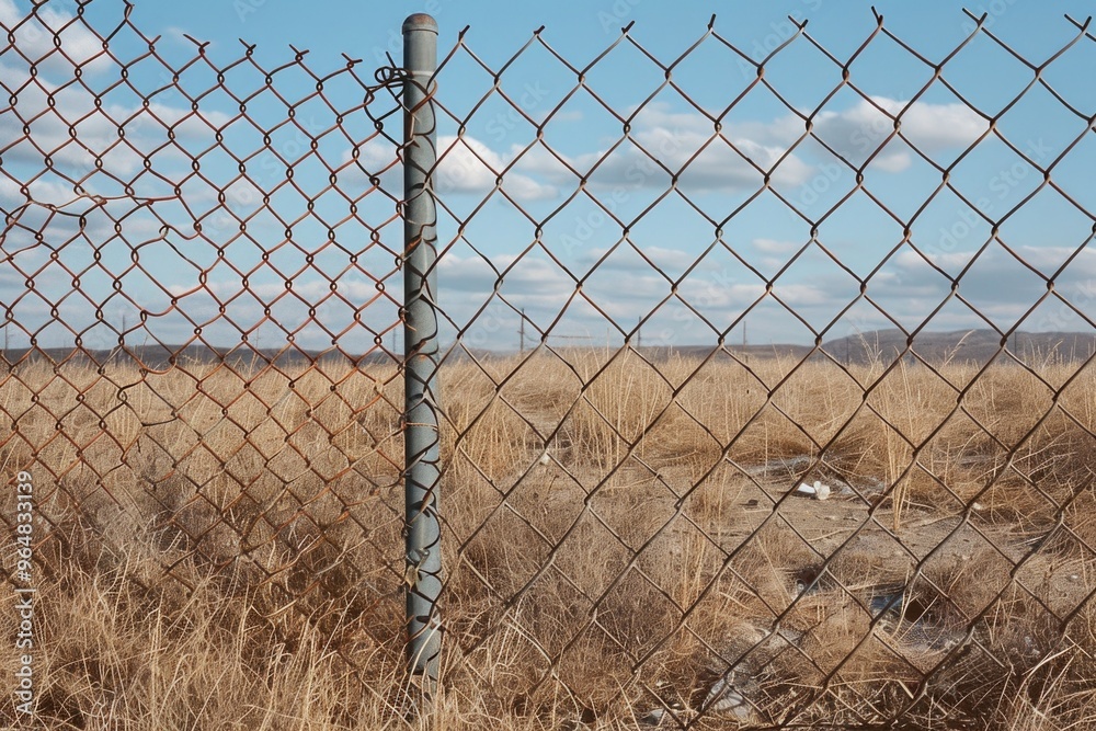 Poster a chain link fence in the middle of an open field, surrounded by green grass and blue sky