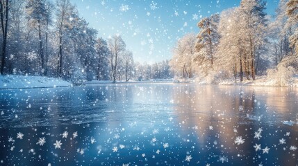 Fototapeta premium Winter Wonderland Snowfall Over Frozen Lake with Snow-Covered Trees and Clear Blue Sky
