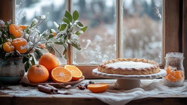 Winter Orange Tart with Fresh Citrus Fruits on Frosted Window Sill
