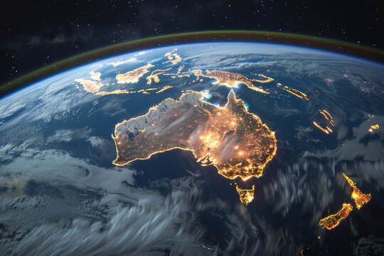 Australia and its neighboring islands appear brilliantly lit against the deep blue of the night sky, highlighting key cities and landscapes down below.