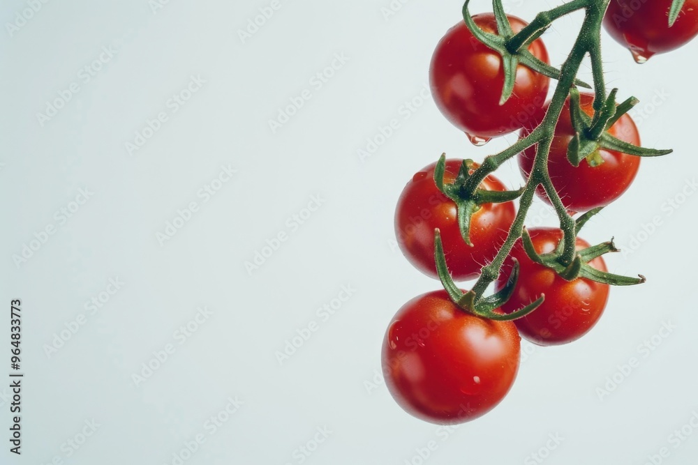 Poster a cluster of ripe cherry tomatoes hanging from a tree branch, great for food and culinary themes