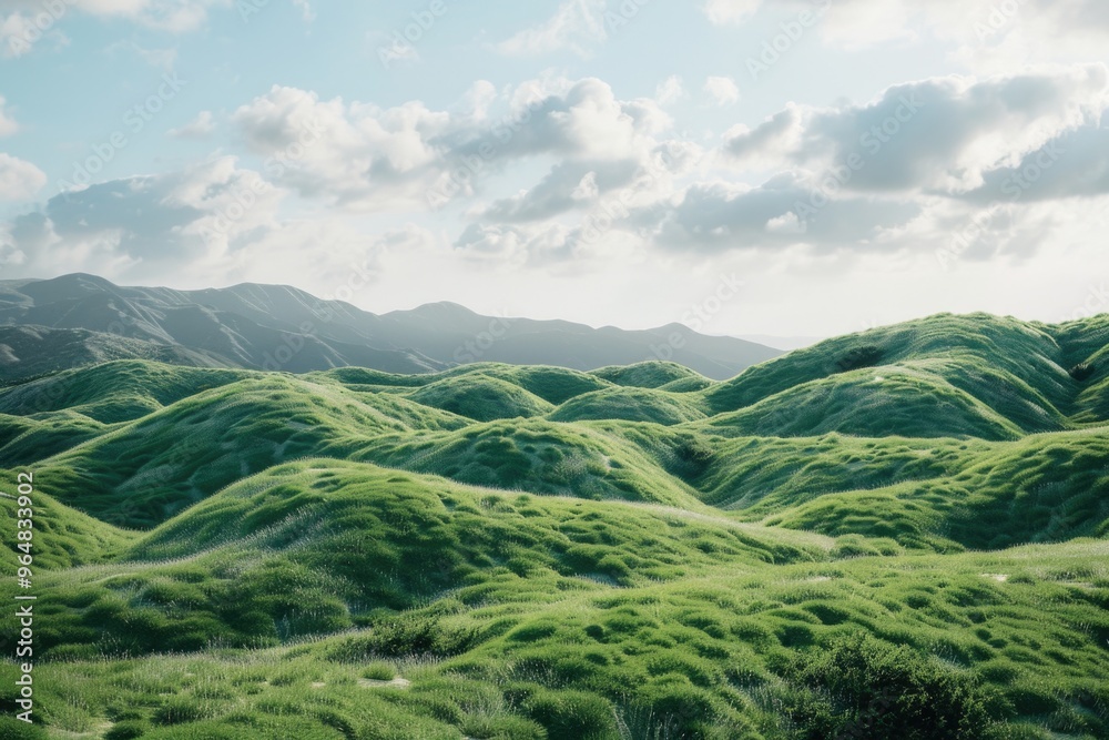 Poster a serene landscape featuring a field of green grass with mountains in the background