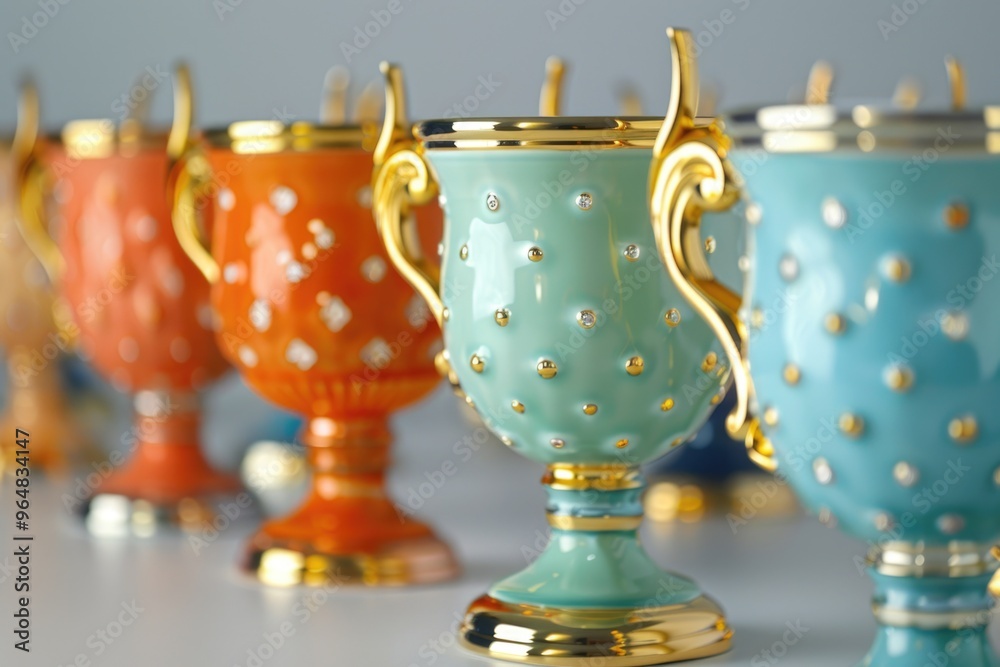 Poster decorative vases in bright colors arranged on a table, perfect for home decor or event use