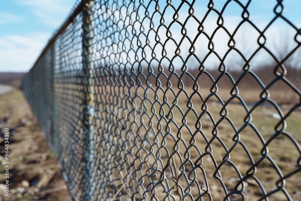 Poster close-up view of a chain link fence with textured metal and wooden posts