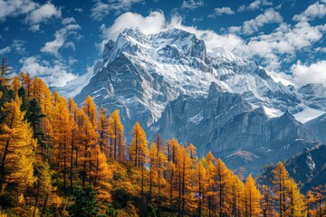 Obraz premium Towering mountains draped in snow loom over a stunning display of golden autumn trees, creating a picturesque setting full of natural beauty and serenity.