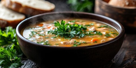Steaming Chicken Broth with Fresh Parsley on Rustic Table