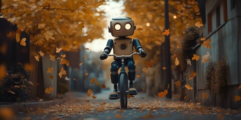 Humanoid robot rides a bicycle along the autumn alley, technology with nature and the futuristic concept