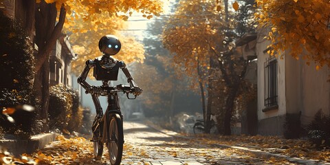 Humanoid robot rides a bicycle along the autumn alley, technology with nature and the futuristic concept