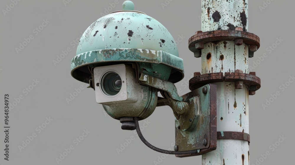 Poster a close-up shot of a camera mounted on a pole, great for capturing distant views or surveillance sce