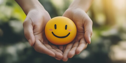 Mental health concept, holding a head with a happy smiling face in the hands