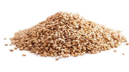 A pile of sesame seeds on a white surface, ideal for food and culinary related uses