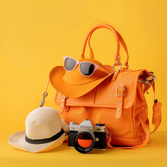 Naklejka premium Elegant leather handbag and fashion accessories, including sunglasses and hat, isolated on white, symbolizing summer style and luxury