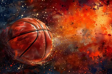 A basketball erupts through a vivid background of swirling colors, symbolizing the intensity and energy of a fast-paced game, capturing the essence of sports passion.