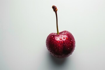 A close-up shot of a single cherry with water droplets glistening on its surface