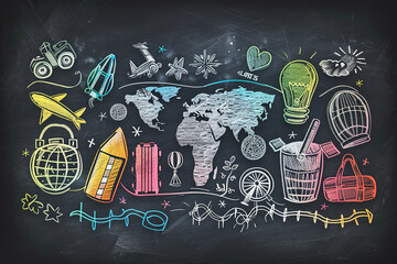 Chalkboard with math formulas and science diagrams in a classroom setting, hand-drawn sketches and doodles symbolizing education and communication