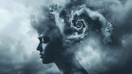 Meteorologist's head swirling with weather patterns and stormy sky background 