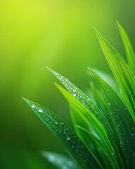 Obraz premium Close-up of green leaves with dewdrops with a copy space for text.