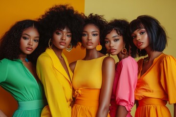 Group of Beautiful black women posing in studio on colored background with colorful fashionable clothes style, Generative AI