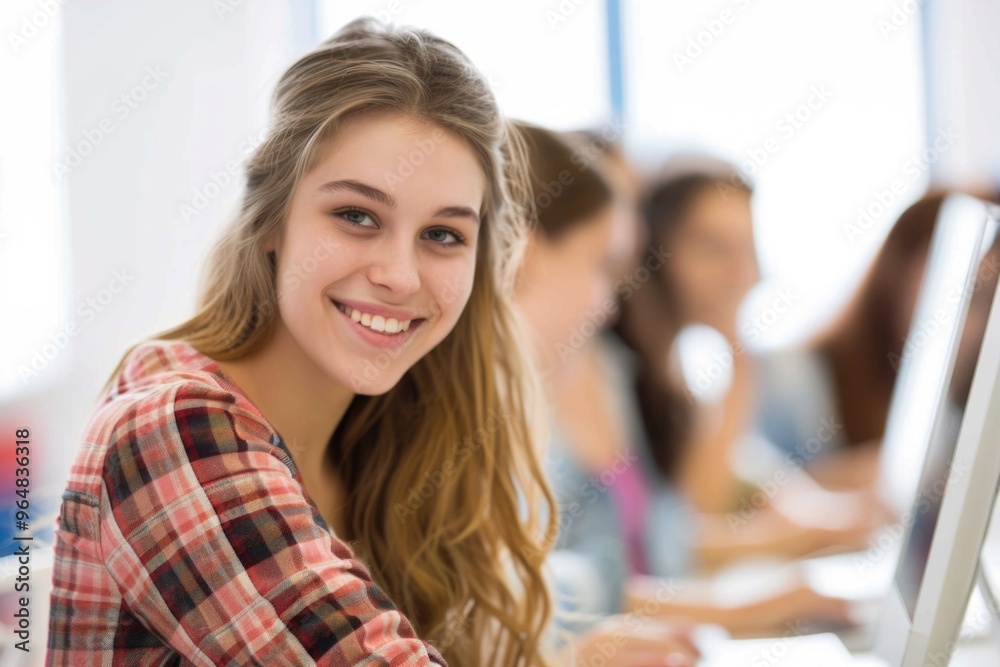 Aufkleber a woman sits smiling in front of a computer