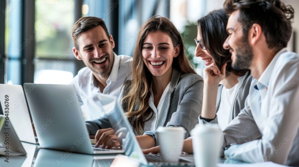Poster Group of people working together on laptops at a table, great for depicting a business or work environment