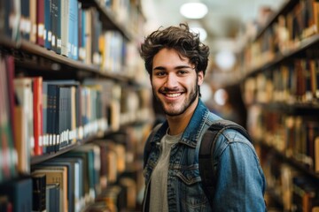 Obraz premium A person standing near a shelf with books, suitable for educational or research purposes
