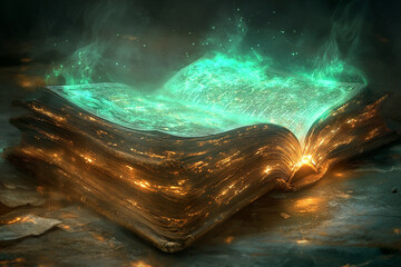 Cursed Book with Glowing Runes and Eerie Green Light