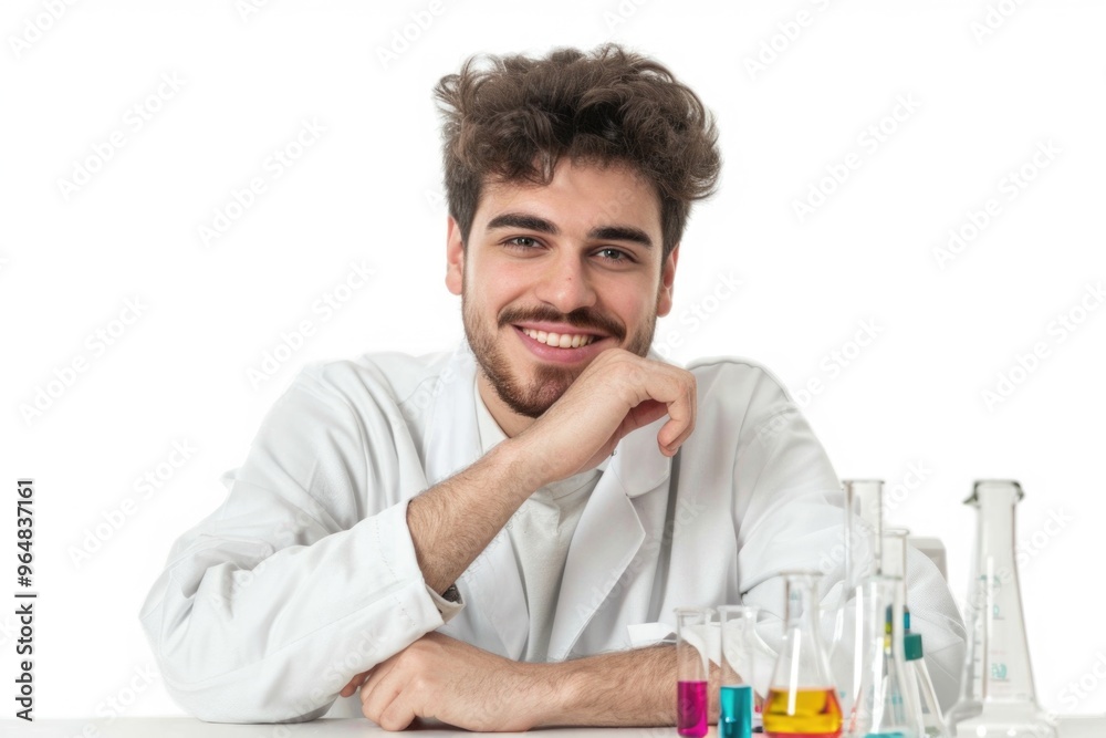 Poster a scientist sitting at a table with various equipment and papers
