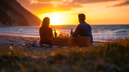 Couple enjoying a romantic picnic on the beach at sunset with wine and glasses.
