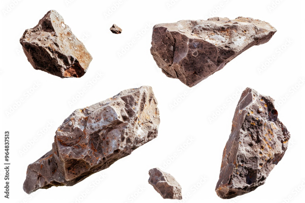 Poster A group of rocks sitting on top of a white surface, ideal for use as a decorative element or to represent natural formations