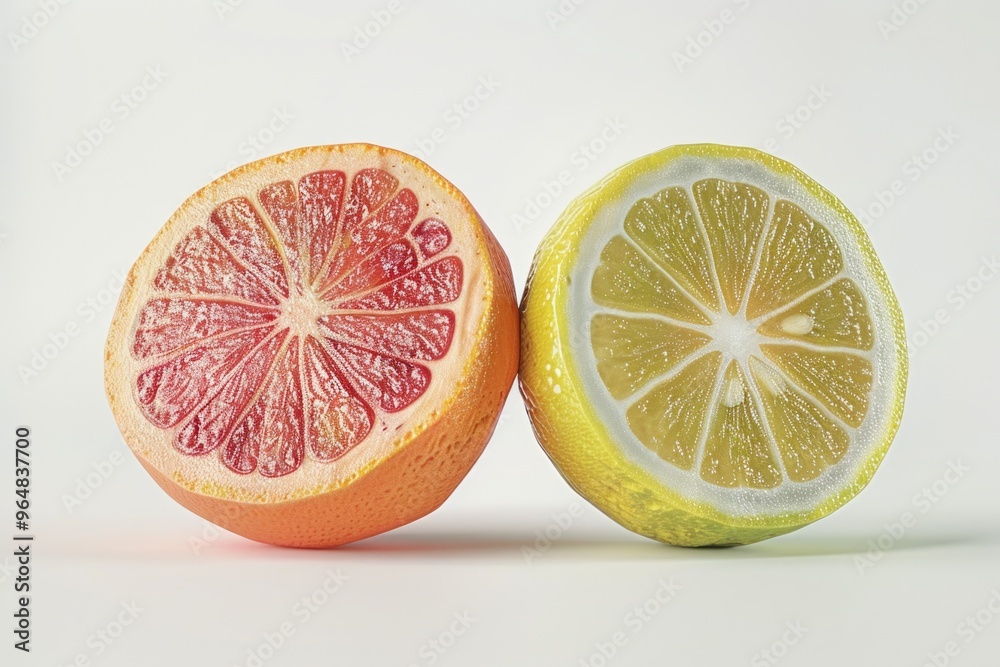 Poster a slice of orange and grapefruit, cut in halves, showcasing the vibrant colors and textures
