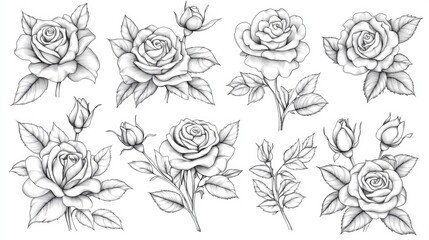 Black and white floral line drawing featuring a rose Hand drawn botanical flowers for creative inspiration Black and white floral line drawing with fine line illustrations Rose coloring page with