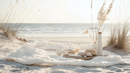 Minimalist beach decor with white blanket, dried flowers, and stones on a sandy beach.