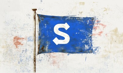 In a vintage style, this line art illustration depicts a flag with a white square and a blue square in the center