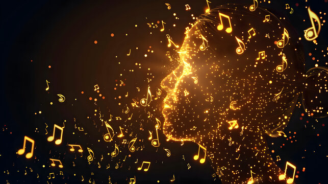 Musician's visage made of musical notes and concert hall ambiance 