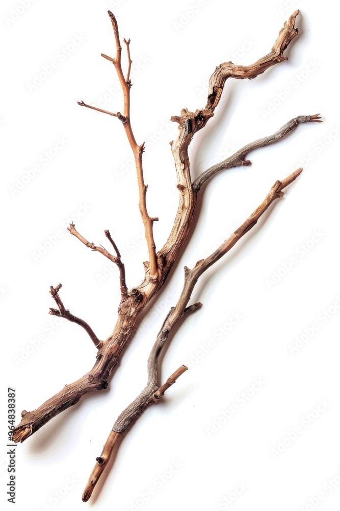 Poster A pair of tree branches lying flat on a white background, perfect for use in designs and compositions