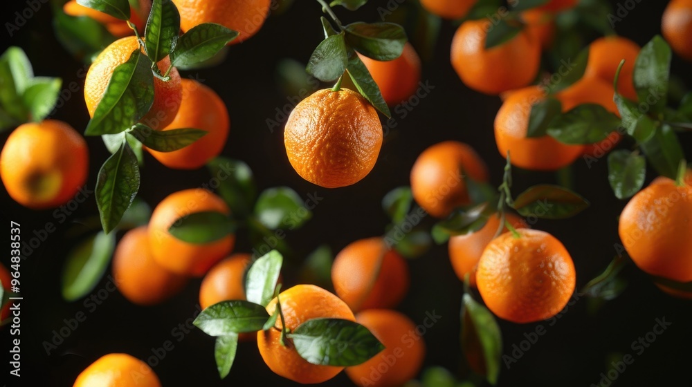 Poster a bunch of oranges hangs from a tree branch, waiting to be picked
