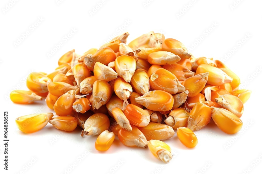 Poster a close-up view of a pile of yellow corn kernels on a white surface, great for food or agriculture r