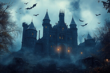 Spooky old gothic castle, foggy night, haunted mansion