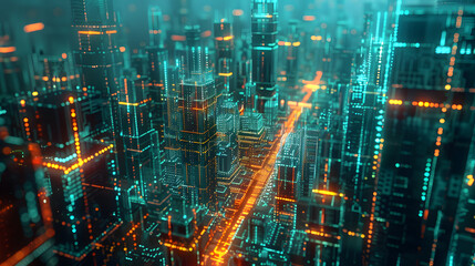 Obraz premium Nanoscale cityscape where skyscrapers act as data processors and streets glow with information flow 