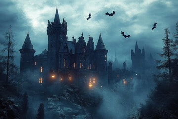 Fototapeta premium Spooky old gothic castle, foggy night, haunted mansion
