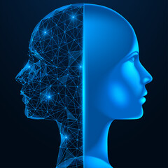 Obraz premium Human versus digital copy. Polygonal design of lines and dots. Blue background.