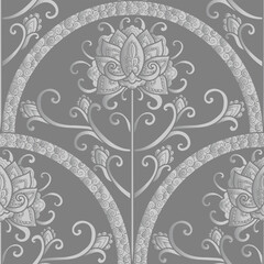 Damask style pattern, silver flowers, grey background. Seamless floral pattern-386.
