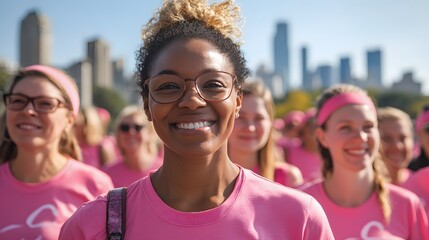 Woman smiling in a group walkathon event for breast cancer awareness wearing pink gear