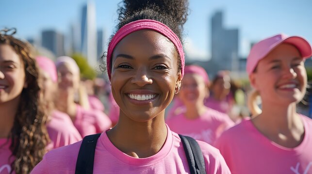 Woman smiling in a group walkathon event for breast cancer awareness wearing pink gear