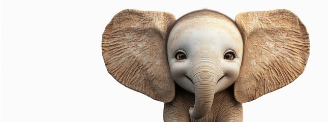 Cute funny baby elephant 3d render style smiling animal character isolated on white background with copy space, banner template